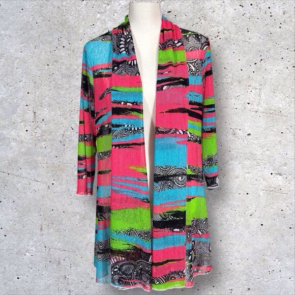 Ali Miles Cardigan Womens Large Pink Blue Green Lightweight Duster Colorful - Picture 1 of 9